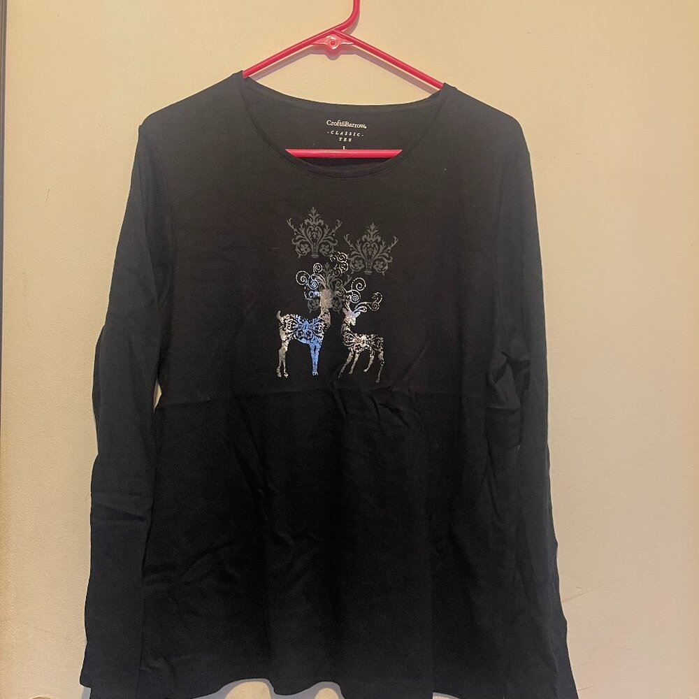 Croft&Barrow Womens L CHRISTMAS Reindeers Metallic Black Long Sleeve (103)